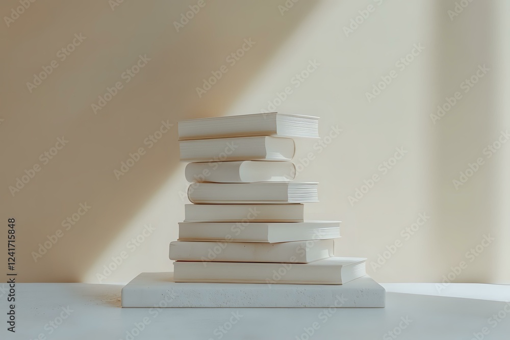 Poster stack of white hardcover books arranged in ascending order on light surface with soft shadows and mi
