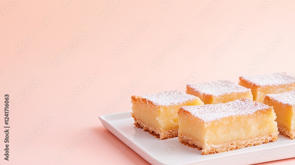 Poster top-down view of lemon bars dusted with powdered sugar arranged neatly on white serving tray