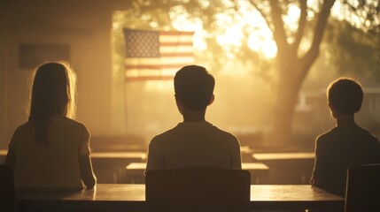Students watch flag at sunset, classroom