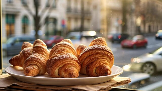 Fluffy croissants displayed in a Parisian cafe window at sunset, inviting passersby to enjoy a delightful bakery treat on a tranquil evening