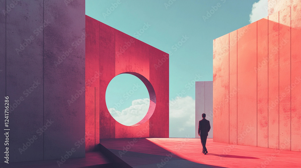 Poster innovative digital design featuring a figure walking through a vibrant architectural space with geom