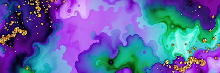 Elegant Violet and Green Alcohol Ink Background with Gold Glitter Elements, shimmering effect, purple and green hues