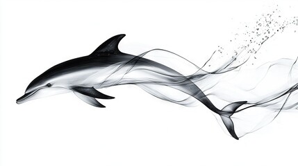 Fototapeta premium Black and white photo of a dolphin with smoke from its mouth and bubbles
