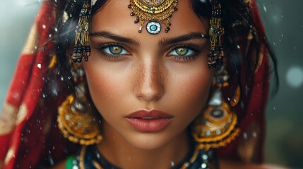 A Woman Adorned In Exquisite Gold Jewelry And Red Drapery