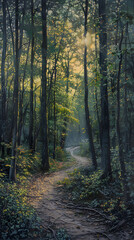 Obraz premium Serene Forest with Morning Sunlight: A Peaceful Haven for Mindfulness and Relaxation