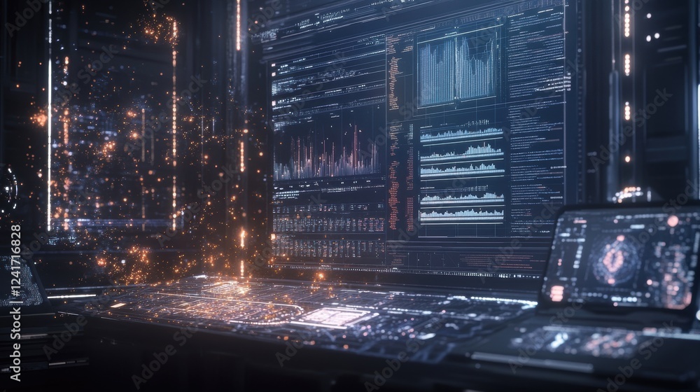 Poster futuristic manufacturing control room featuring production data analysis on multiple screens, emphas