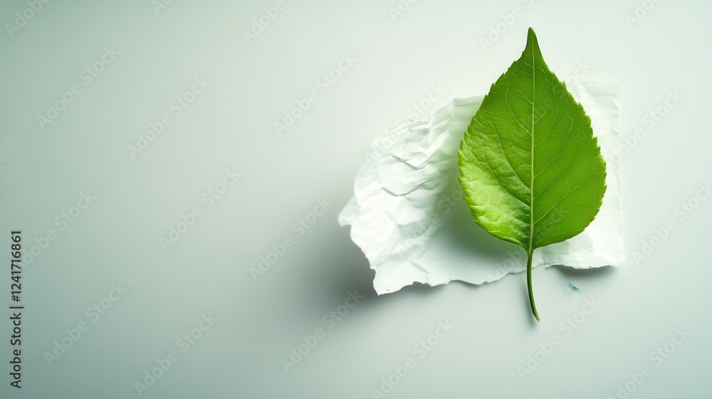 Poster green leaf on crumpled paper with soft background and shadows