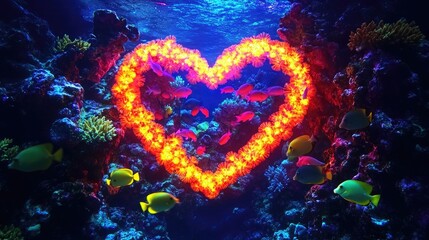 A magnificent underwater Valentinea??s scene showcasing a heart-shaped coral reef glowing with bioluminescent colors