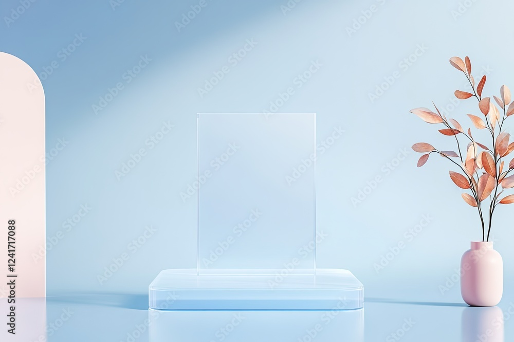 Poster translucent podium in soft light tones illuminated by natural light to create serene and clean atmos