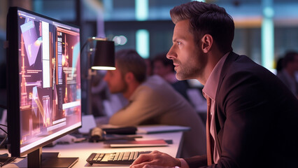 Focused Professional Analyzing Data on Multiple Screens in High-Tech Office