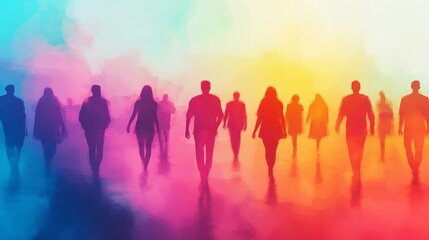 Colorful Crowd Walking Forward - A diverse group of people walking towards a bright, colorful future, symbolizing progress, unity, hope, journey, and community.