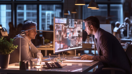 Focused Professional Analyzing Data on Multiple Screens in High-Tech Office