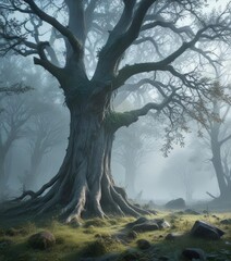 Ethereal mist rises from the forest floor, veiling ancient trees in a soft, blue-gray hue, mystic, eerie calm, ambient light