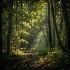 Fototapeta premium Serene Forest with Morning Sunlight: A Peaceful Haven for Mindfulness and Relaxation