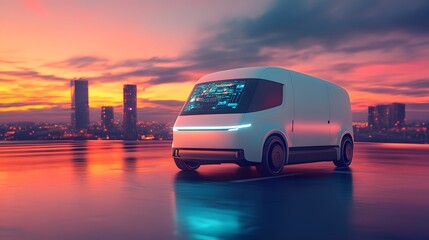 A futuristic white delivery van drives on a city rooftop at sunset.  The van features a digital display on the windshield.  A stunning urban backdrop adds a modern feel.