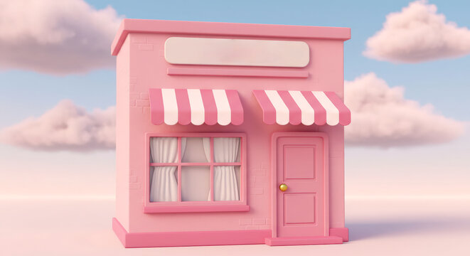 A charming 2D & 3D illustration of a small pink store building, set against a pastel-colored background, featuring a cute, minimalist, and inviting aesthetic.