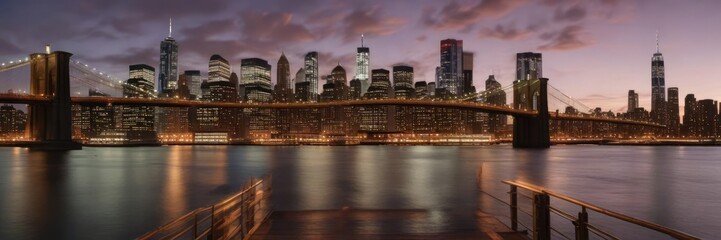 Evening atmosphere with warm colors and reflections of the Manhattan skyline over calm waters of East River from Brooklyn Bridge, manhattan skyline, calming scene, reflection