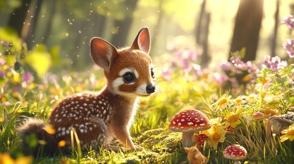 Fototapeta premium Adorable Baby Deer in a Spring Forest Meadow