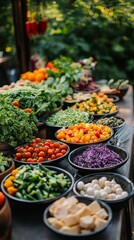 Colorful arrangement of fresh vegetables and fruits ready for a salad bar setup in a bright kitchen