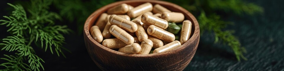 A simple wooden bowl filled with colorful capsules next to a lush green plant