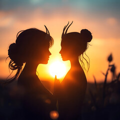 silhouette of couple kissing in sunset