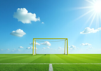 yellow goal post stands alone sunlit grass field bright blue sky fluffy white clouds empty football