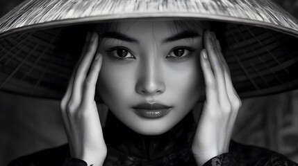 Black and white photograph of an Asian woman wearing a traditional Vietnamese conical hat
