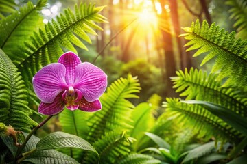 Exotic orchid and ferns in a lush tropical environment, plant arrangement, tropical
