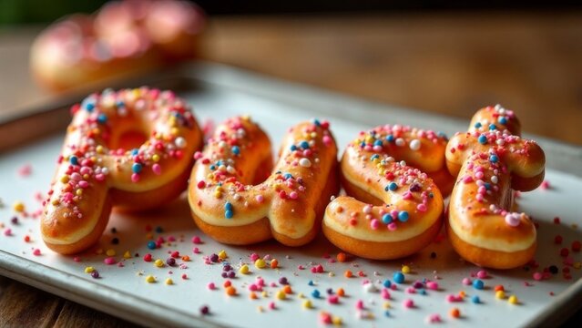 The word Pust  made from donuts (krofi) with colorful sugar sprinkles