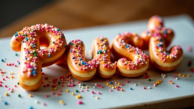 The word Pust  made from donuts (krofi) with colorful sugar sprinkles