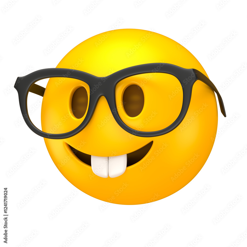 Wall mural nerd emoji with glasses and buck teeth in 3d render with transparent background