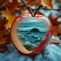 red apple with leaves and water drops