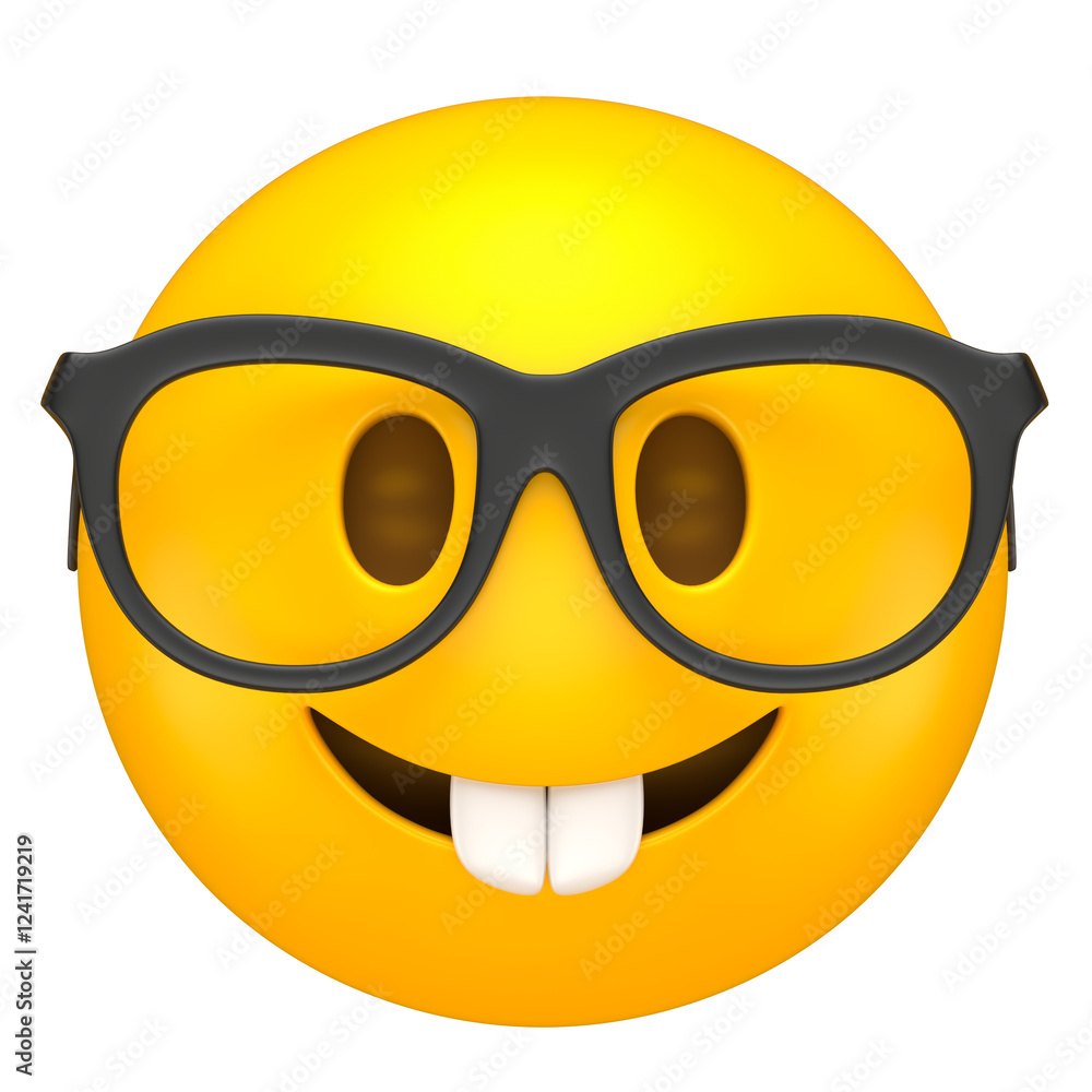 Wall mural nerd emoji with glasses and buck teeth in 3d render with transparent background