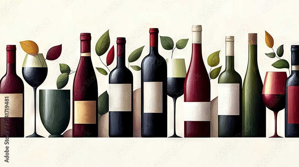 Poster several bottles of wine with a vine sprouting from one of them