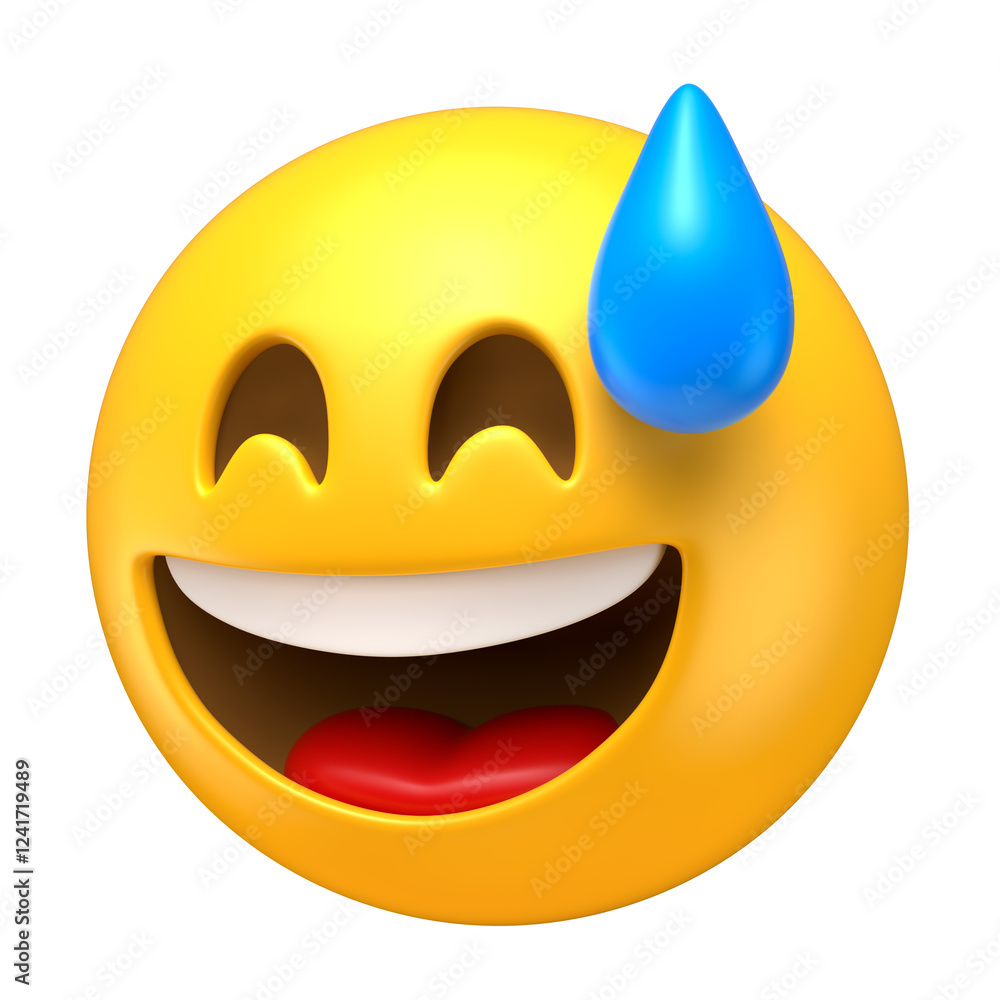 Wall mural laughing emoji with sweat drop in 3d render with transparent background
