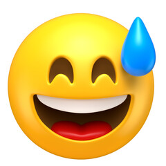 Laughing Emoji with Sweat Drop in 3D Render with transparent background