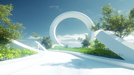Futuristic white archway park pathway, green landscape, sunny sky, architectural design rendering