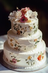 Fototapeta premium A beautiful white wedding cake decorated with colorful flowers