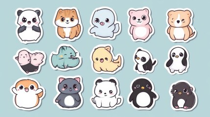 Cute collection of animal stickers featuring adorable designs of pandas, cats, seals, and more in various poses and expressions. Generative AI