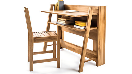 A wooden desk with a chair next to it