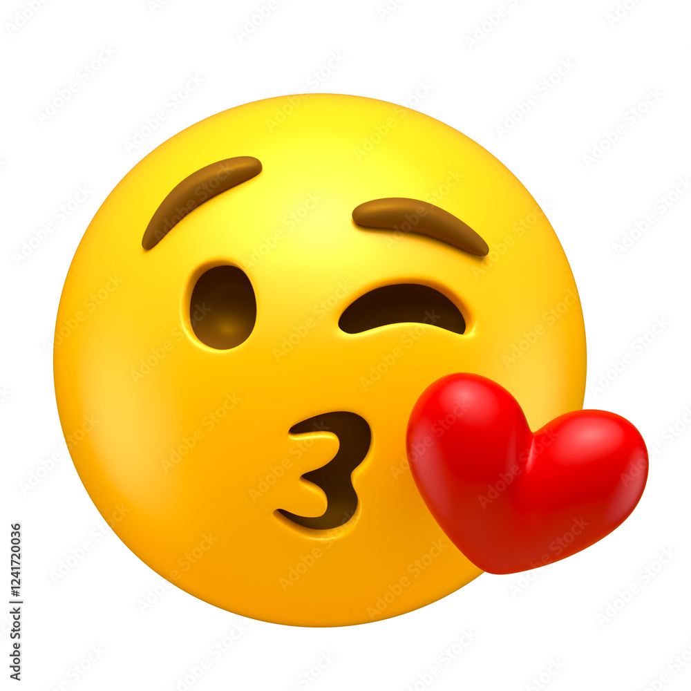 Wall mural kissing emoji with heart in 3d render with transparent background