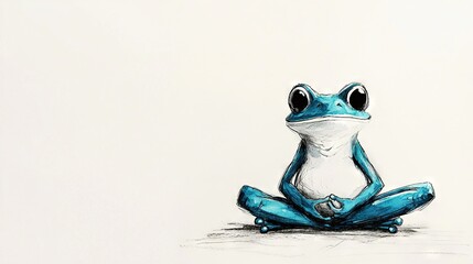   A depiction of a blue frog seated on the floor with crossed legs and open eyes