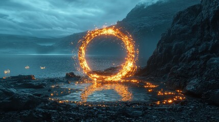 Glowing Fiery Portal Over Dark Landscape