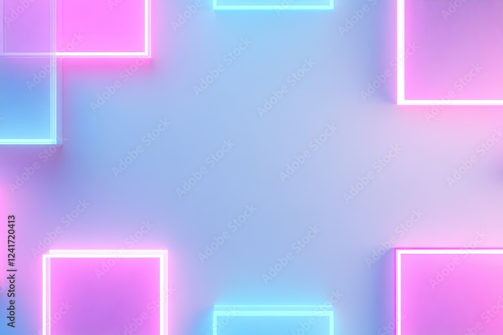 Poster vibrant pattern of abstract squares with edges each glowing in vibrant neon colors under soft light