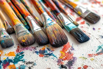 Fototapeta premium A collection of paint brushes lying flat on a table, ready for use