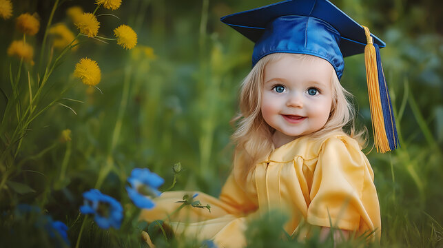 Adorable baby with graduation hat thinking about his future