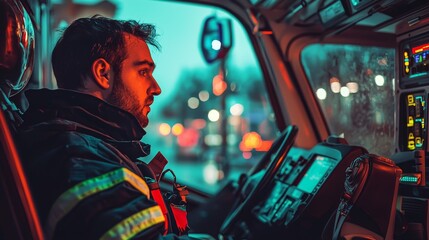 Fototapeta premium Emergency Response Paramedic in Ambulance - A focused paramedic sits inside an ambulance, ready for the next emergency call. Symbolism: readiness, service, compassion, urgency, life-saving.