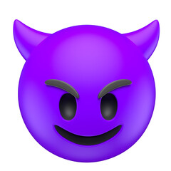 Purple Smiling Devil Emoji with Horns in 3D Render with transparent background