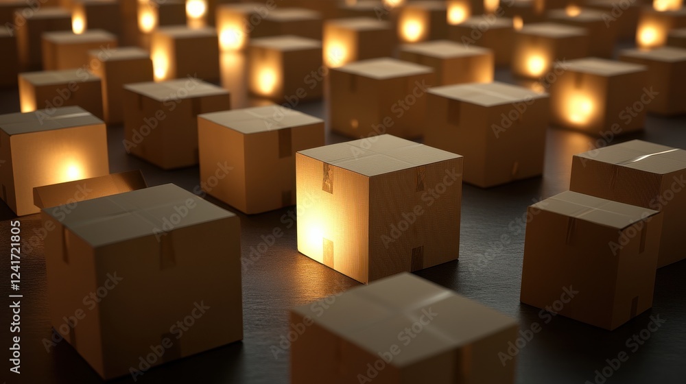 Poster illuminated wooden boxes on a table with soft glow effect
