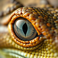 Fototapeta premium Detailed reptilian eye. Eye of a yellow reptile close-up